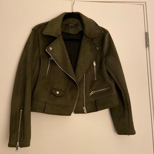 Dark Green Zara Suede Cropped Moto Jacket